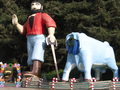Paul Bunyan and the headless Babe the Blue Ox at the Trees of Mystery, Klamath, Calif.
